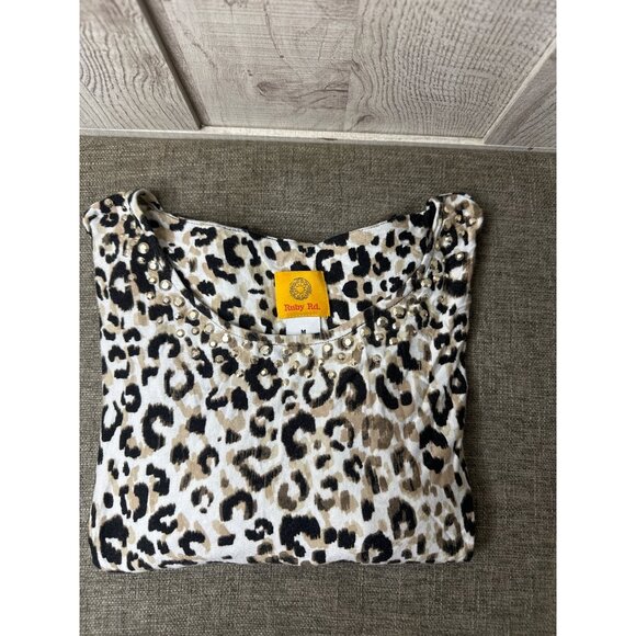 Ruby Rd Leopard Animal Print Tunic Top Studded Neckline 3/4 Sleeves Womens M - Picture 3 of 6